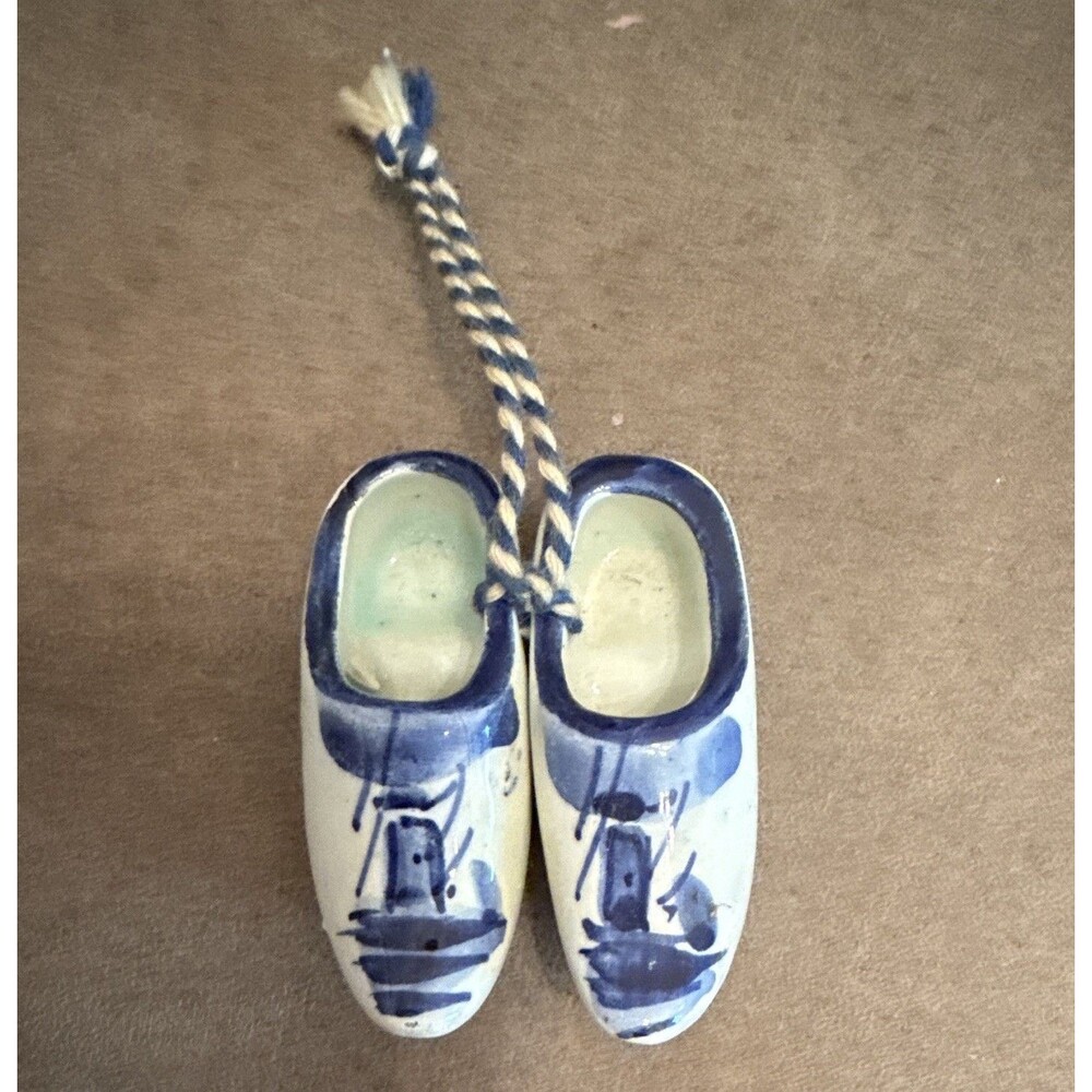 Blue & White Delft Hand-Painted Glazed Ceramic Miniature Clogs, Windmill